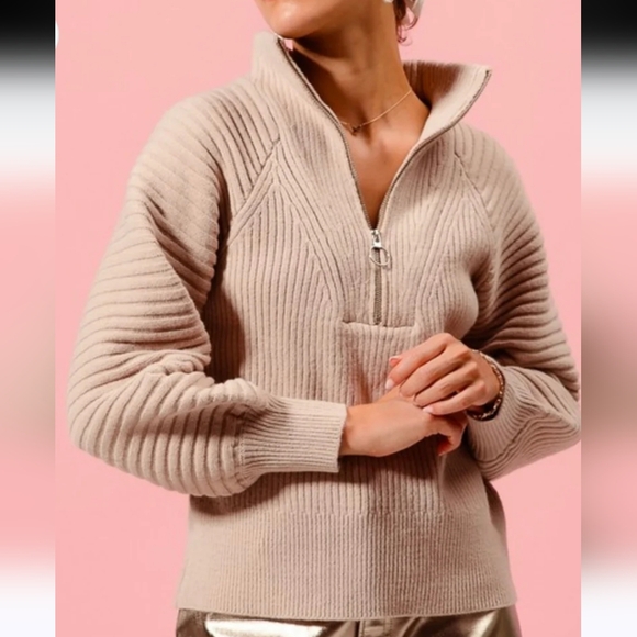 So Me Sweaters - So Me Taupe Half Zip Ribbed Sweater